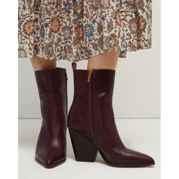 VERONICA BEARD Logan Leather Pointed Toe Block  Heel Bootie in Merlot Red Size 7 - Picture 1 of 15